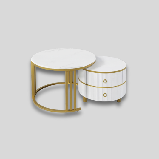 Table basse gigogne ronde avec rangement blanche & dorée