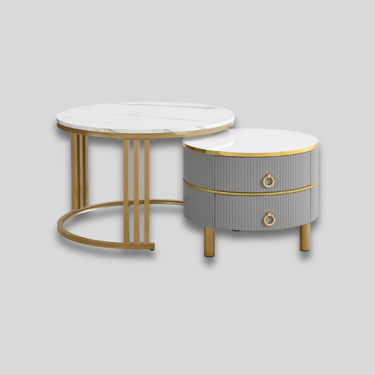 Table basse gigogne ronde avec rangement grise & blanche dorée